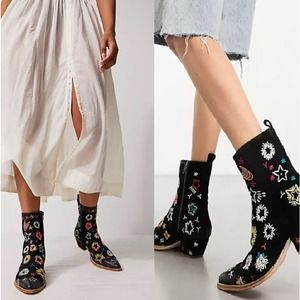 NEW Free People Bowers Embroidered Boots Black Women's Size 6 (fits like a 7)